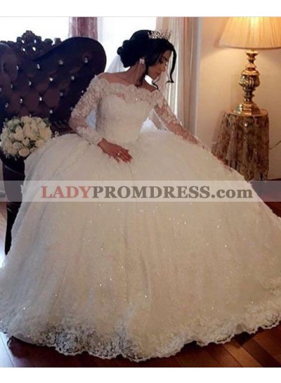 Long Sleeves Off Shoulder Lace Ball Gown Wedding Dresses 2022