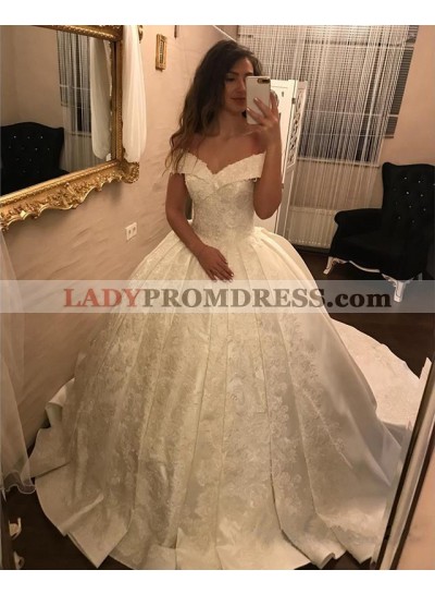 2023 New Arrival Off Shoulder Sweetheart Satin Ivory Ball Gown Wedding Dresses