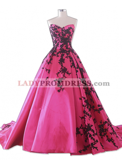 Sweetheart Fuchsia With Black Appliques Satin Ball Gown Prom Dresses