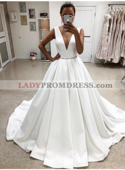 2023 A Line Elegant Deep V Neck White Satin Long Wedding Dresses