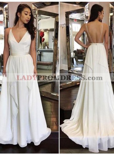 2023 Cheap A Line Chiffon Backless V Neck Wedding Dresses With Belt
