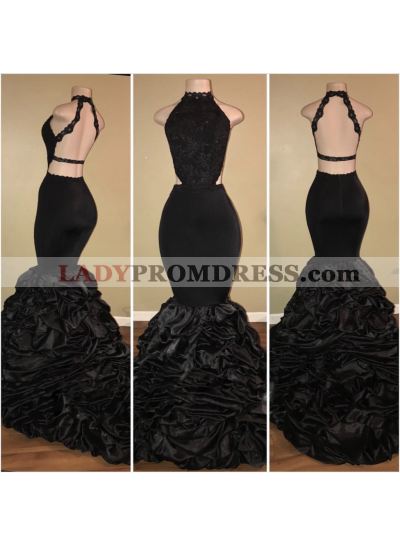 Sexy Black Backless Mermaid Ruffles Tiered African Long Lace Prom Dresses 2023
