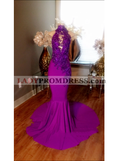 New Arrival Mermaid Fuchsia With Appliques High Neck Backless Long Prom Dresses