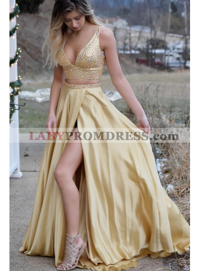 2023 Sexy A Line Gold Deep V Neck Side Slit Satin Two Pieces Prom Dresses
