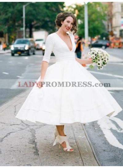 Elegant A Line White Tea Length Deep V Neck Long Sleeves Short Wedding Dresses