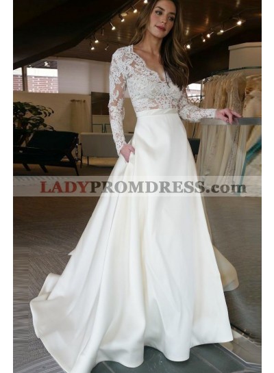 2023 Elegant Satin A Line Ivory V Neck Long Sleeves Wedding Dresses