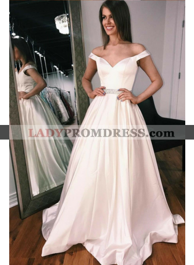 2023 Elegant A Line Satin Off Shoulder Sweetheart Wedding Dresses