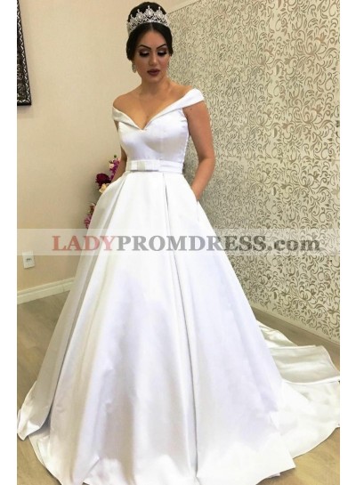 Classic New Arrival A Line Satin Off Shoulder Sweetheart Ivory Bowknot Wedding Dresses 2023