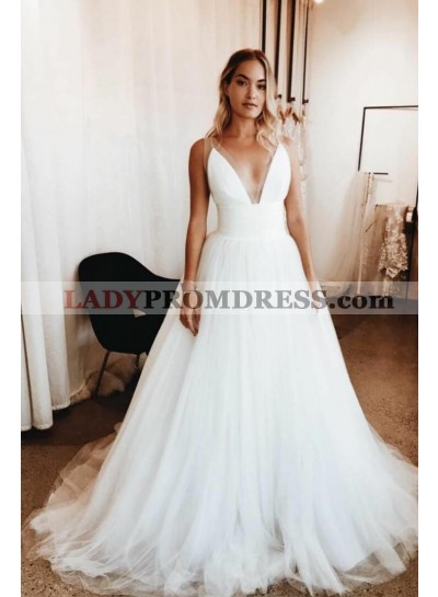 Elegant A Line Deep V Neck Ivory Tulle Long 2023 Wedding Dresses