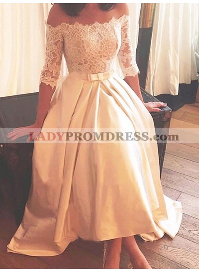 2022 A Line Elegant Ivory Tea Length Lace Long Sleeves Off Shoulder Short Wedding Dresses