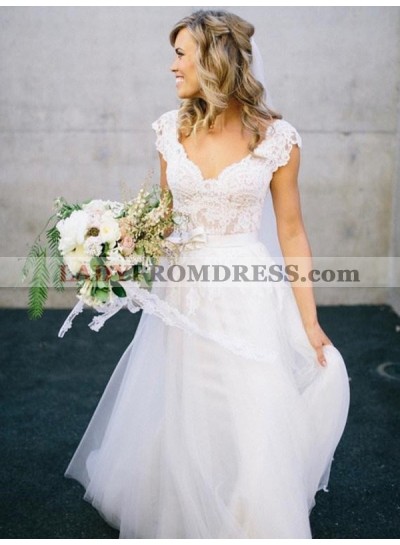 A Line Cheap Tulle V Neck Lace Capped Sleeves Wedding Dresses