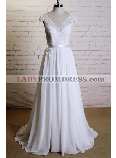 2023 Cheap A Line Chiffon Sweetheart Capped Sleeves Lace Beach Wedding Dresses 