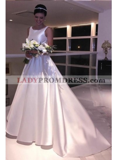 2023 Classic Satin A Line Backless Bateau Neck Long Wedding Dresses