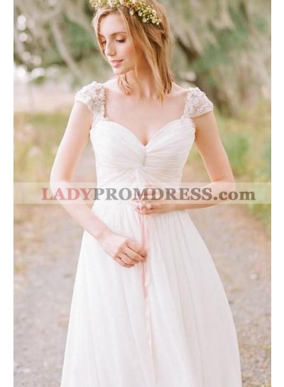 2023 Cheap Chiffon Sweetheart Capped Sleeves Beaded A Line Beach Wedding Dresses