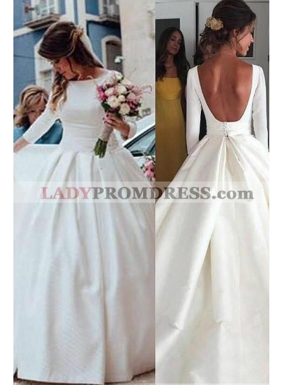 Classic A Line Long Sleeves Backless Satin Long Wedding Dresses 2023