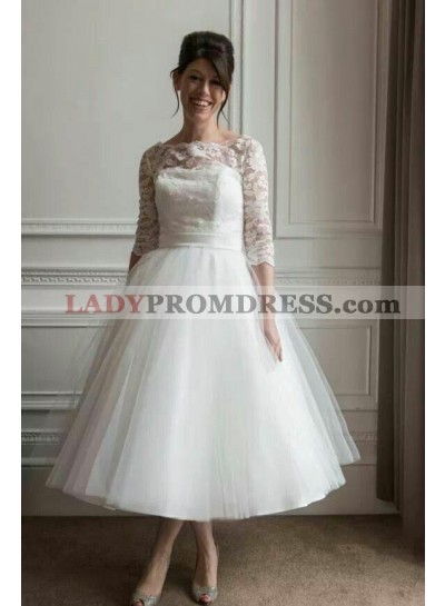 2023 New Arrival A Line Tea Length Tulle Ivory Long Sleeves Lace Short Outdoor Lace Wedding Dresses