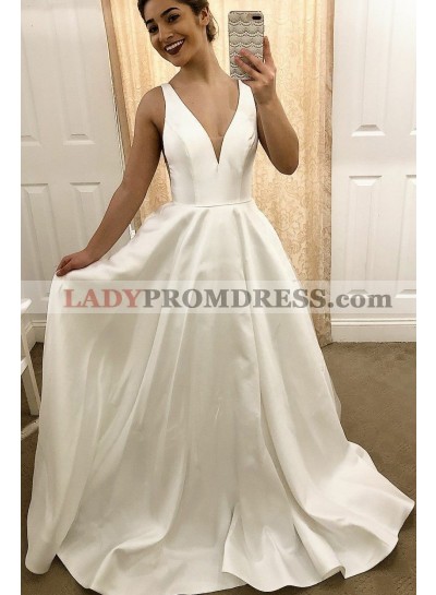 2023 Classic A Line Satin V Neck Ivory Sleeveless Wedding Dresses
