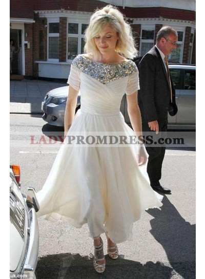 2023 Cheap Chiffon A Line Pleated Beaded Floor Length Short Wedding Dresses With Short Sleeves