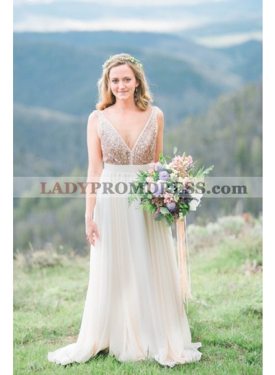 2023 Elegant A Line Deep V Neck Chiffon Ivory Sequence Long Outdoor Wedding Dresses