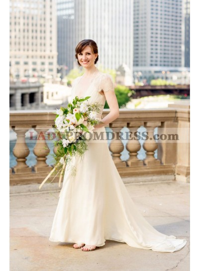 2023 Elegant A Line Deep V Neck Chiffon Lace With Short Sleeves Wedding Dresses