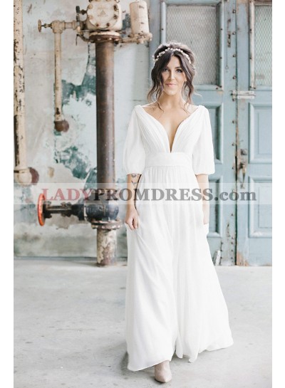 2023 New Arrival A Line Deep V Neck Chiffon White Long Sleeves Backless Long Beach Wedding Dresses