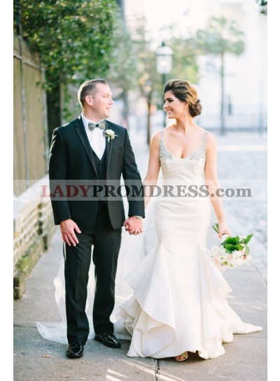2023 Amazing Satin Mermaid Bateau Beaded Ruffles Long Wedding Dresses