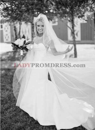 Amazing Satin Mermaid Capped Sleeves Pearls Backless Long Wedding Dresses 2023