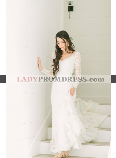Amazing Sheath Long Sleeves V Neck Long Train Lace Wedding Dresses 2023