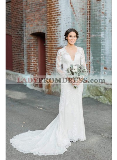2022 Elegant Sheath Long Sleeves V Neck Lace Long Backless Wedding Dresses