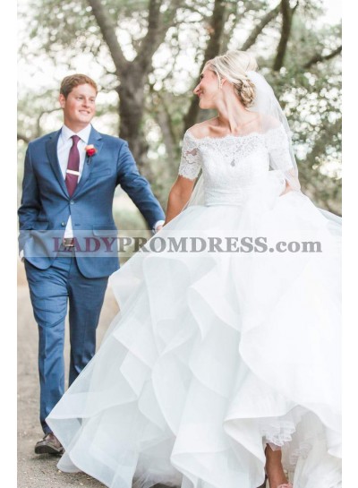 2023 White Off Shoulder Tulle Ruffles Ball Gown Lace Wedding Dresses With Short Sleeves