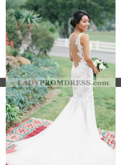 2023 New Arrival Sheath Sweetheart Tulle Lace Backless Long Wedding Dresses
