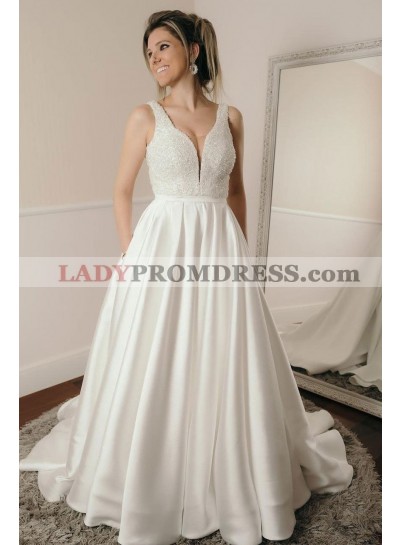 2023 New Arrival A Line Sweetheart Satin Beaded Long Wedding Dresses