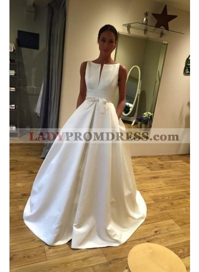 A Line Classic Satin Bateau Bowknot Long Wedding Dresses 2023