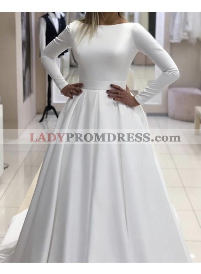 2023 Classic A Line Long Sleeves Satin Backless Long Wedding Dresses