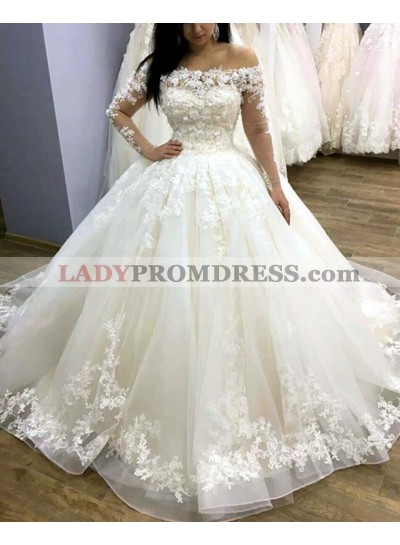 2023 New Designer Long Sleeves Off Shoulder Flowers Ball Gown Lace Up Wedding Dresses