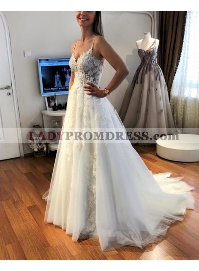 Cheap A Line Tulle Ivory Sweetheart With Straps Wedding Dresses 2023