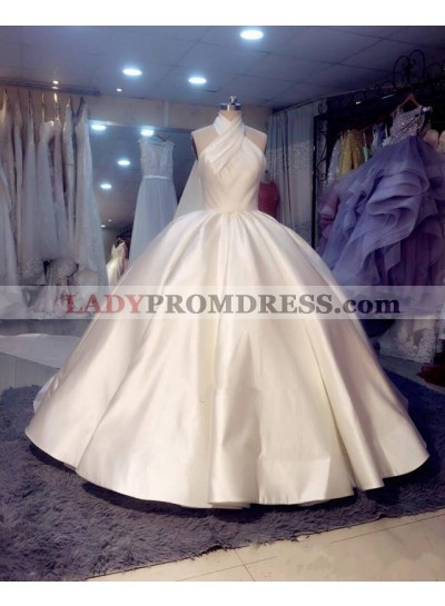2023 Luxury Halter Satin Ball Gown Ivory Long Backless Wedding Dresses