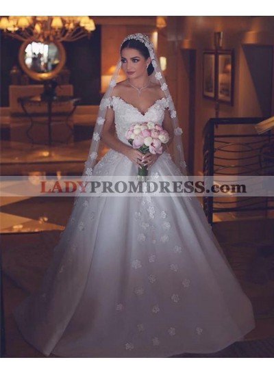 2023 Luxury A Line Off Shoulder Sweetheart Satin Flowers Long Train Wedding Dresses