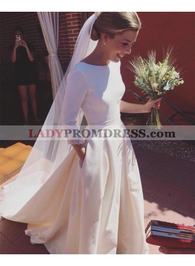 2023 A Line Elegant Satin A Line Long Sleeves Simple Backless Long Wedding Dresses