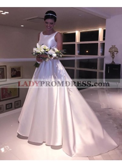 Cheap Sleeveless A Line Satin Ivory Backless Long Wedding Dresses 2023