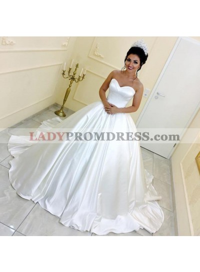 2023 Classic Sweetheart Long Train Satin Strapless Ivory Ball Gown Wedding Dresses