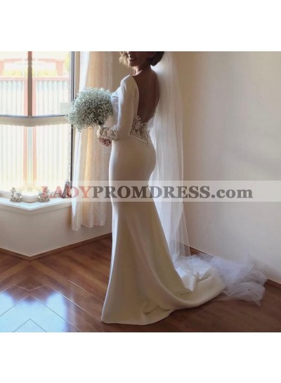 Amazing Sheath Satin Backless Long Sleeves Lace Long Side Slit Wedding Dresses 2023