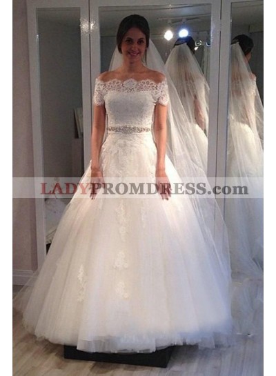 Elegant Off Shoulder Lace Tulle A Line 2023 Wedding Dresses With Short Sleeves