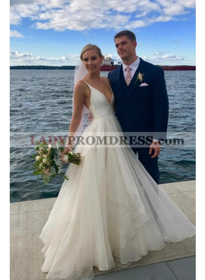 2023 New Arrival A Line V Neck Organza Backless Beach Wedding Dresses