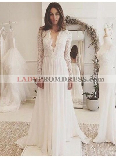 2022 Amazing A Line Deep V Neck Lace Long Sleeves Backless Wedding Dresses