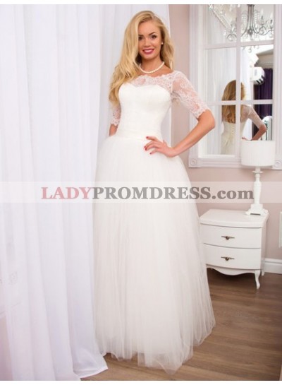 2023 Cheap A Line Tulle Off Shoulder Long Sleeves Lace Floor Length Lace Up Back Wedding Dresses