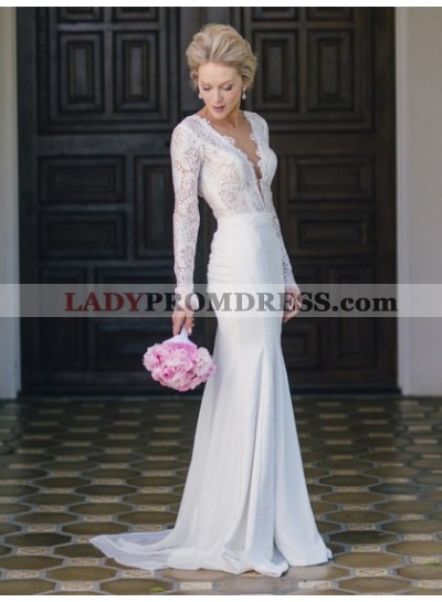 Charming Sheath Deep V Neck Long Sleeves Backless Lace 2023 Wedding Dresses