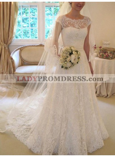2023 Classic A Line Capped Sleeves Lace Bowknot Long Wedding Dresses