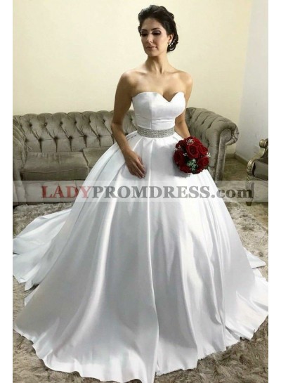 Classic Sweetheart Satin White Beaded Belt Ball Gown Princess Wedding Dresses 2023