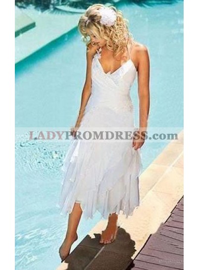 2023 New Arrival A Line Asymmetrical Sweetheart Halter Tea Length Short Wedding Dresses
